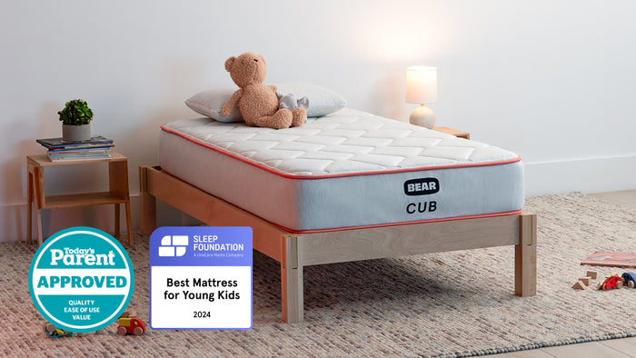Bear Cub Kids Mattress with Today's Parent Approved and Sleep Foundation Best Mattress for Young Kids award badges. 